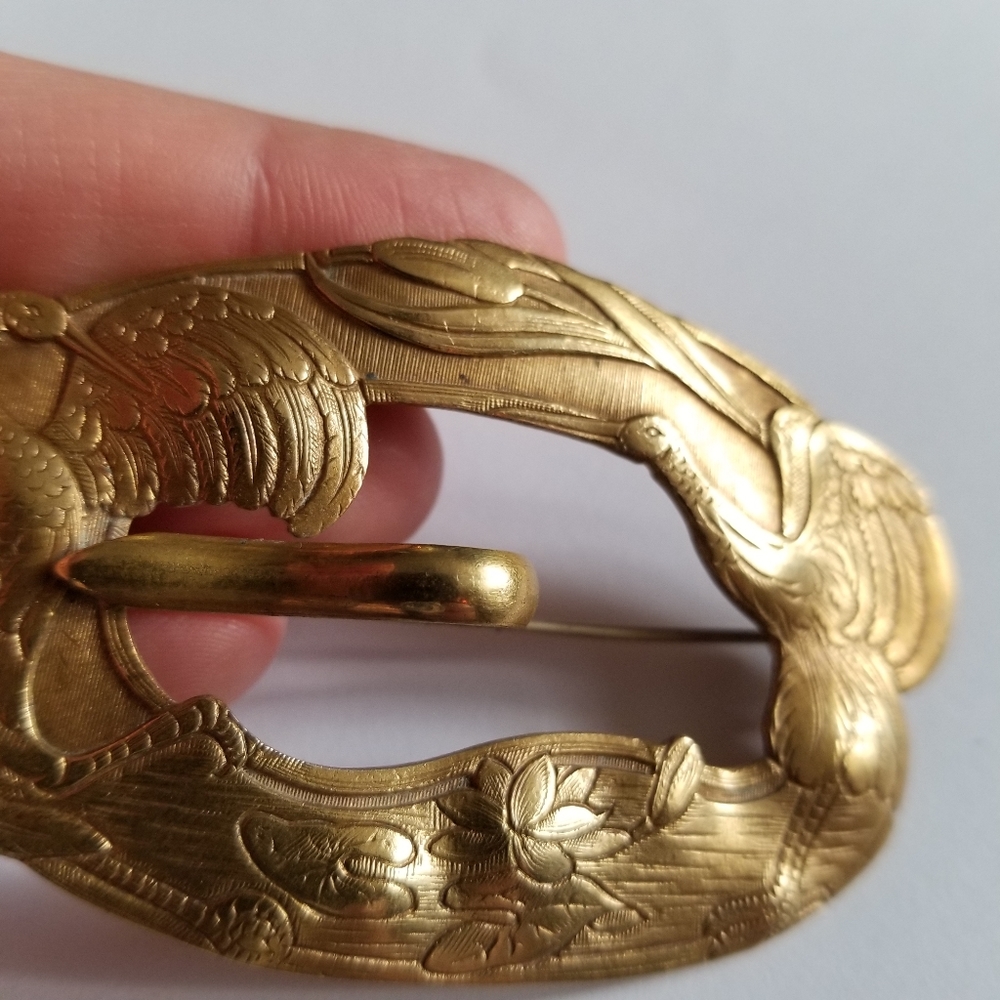Relisted -Antique Edwardian crane lily pad sash brooch pin nouveau gold tone - Picture 5 of 17